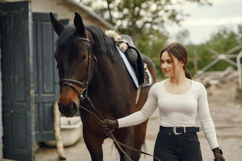 Woman smiling at her horse while walking next to it